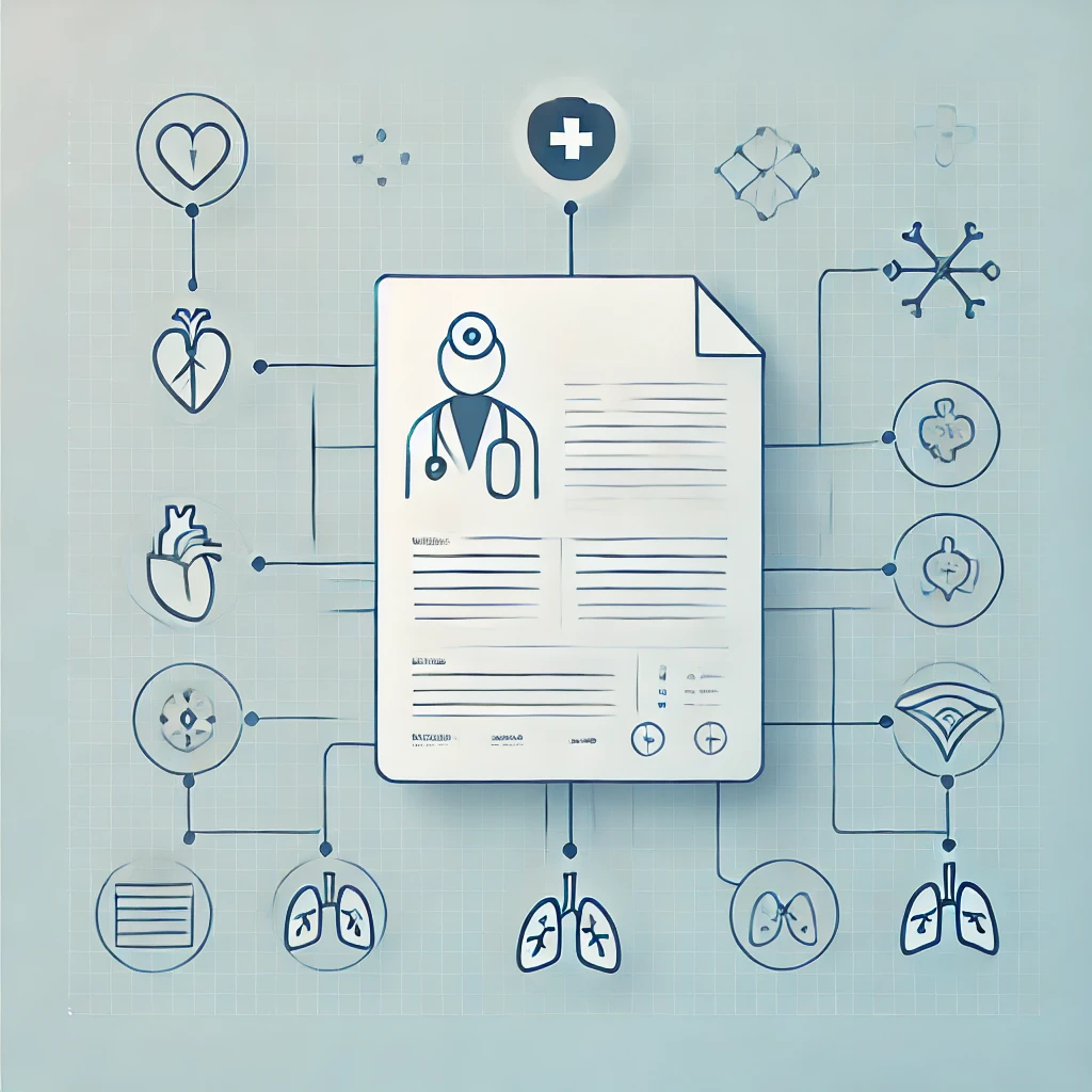 a clinical note with icons surrounding it indicating different potential diseases that have been classified from the note
