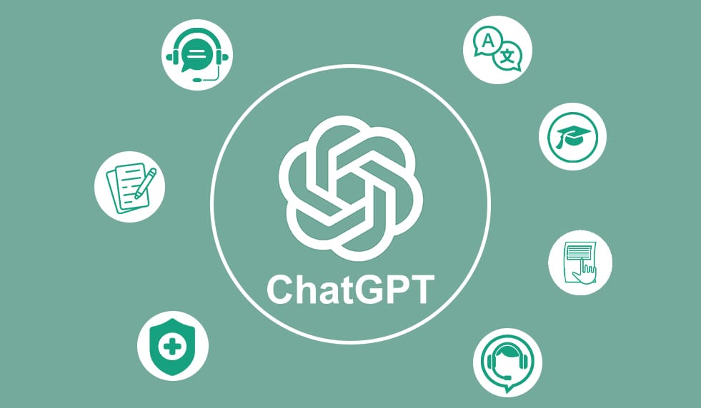 chatgpt logo with icons surrounding it indicating different use cases for chatgpt