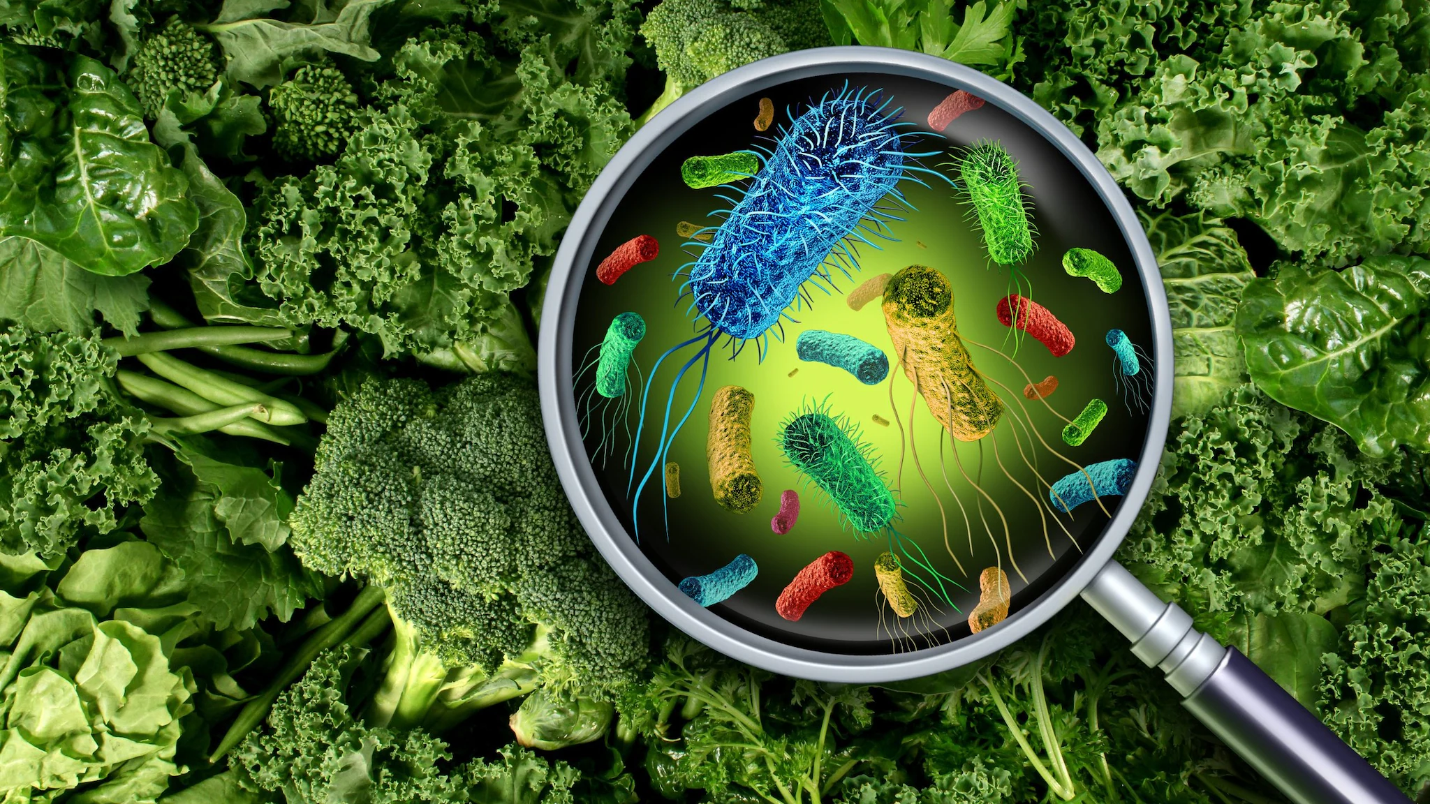 A magnifying glass held over vegetables, inside the glass is microbes, signifying food borne illness.